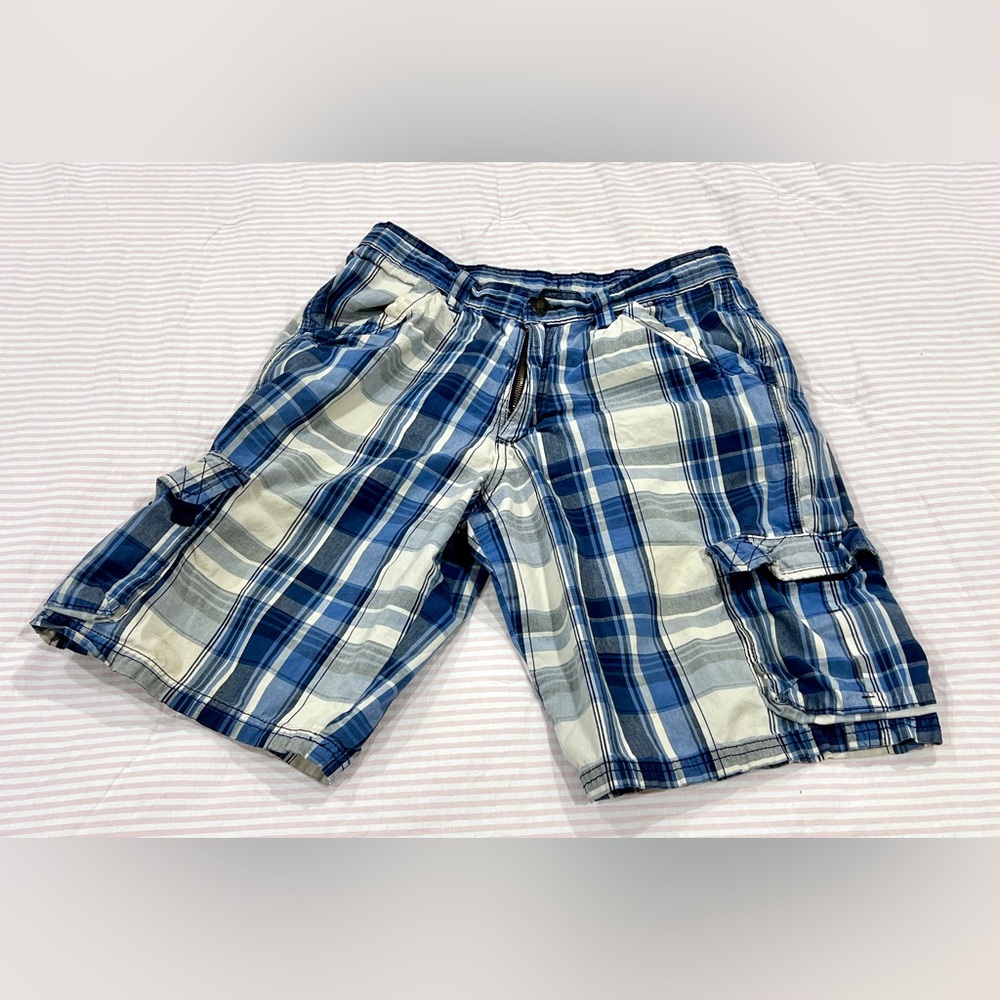 Blue and White Plaid Cargo Shorts